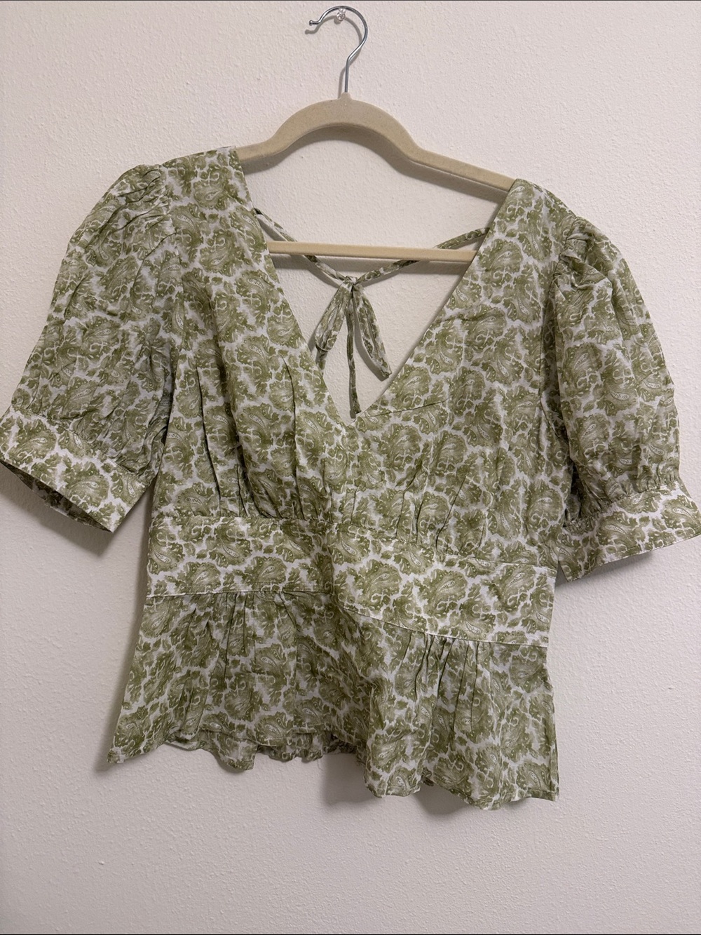 J. Crew Olive Green Floral V-Neck Tie-Back Peplum Blouse